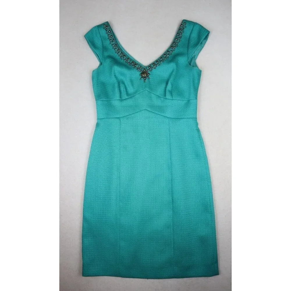 TAHARI - WOMEN'S TEAL GREEN SHEATH DRESS - BEADED NECKLINE - SIZE 4 - Picture 2 of 14
